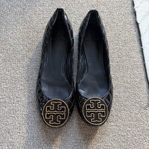 Tory Burch Black Patent Leather Quilted Flats